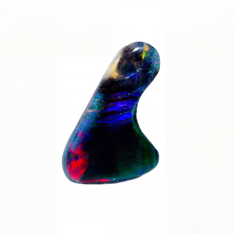 A polished iridescent opal stone with swirling colours of blue, green, red, and purple on a plain white background.