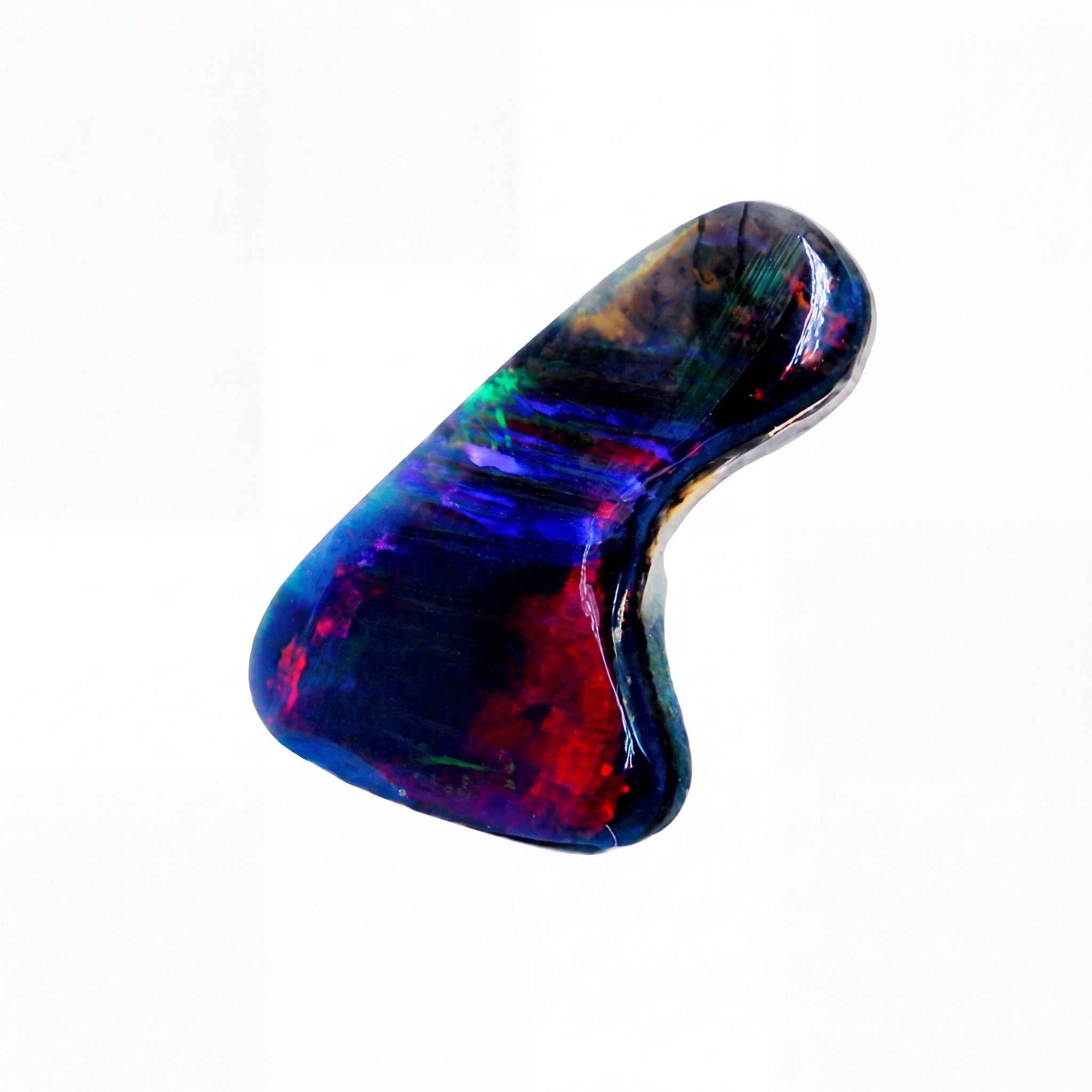 A polished natural opal stone with vibrant iridescent colours including blue, red, green, and purple, set against a plain white background.