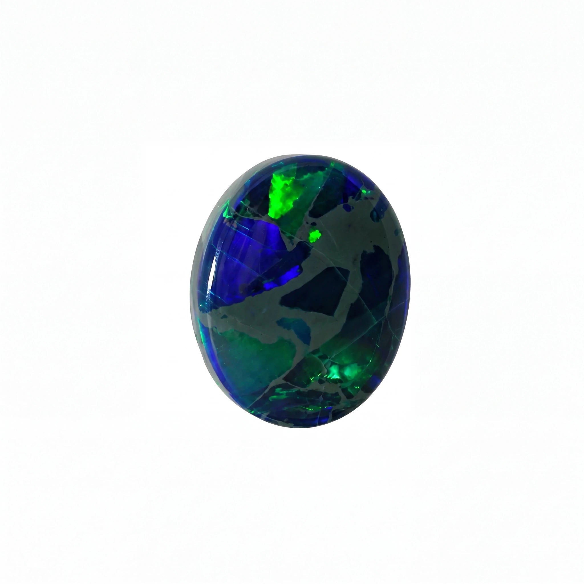 A polished oval cabochon gemstone featuring a vibrant play-of-colour with deep blue, green, and black patterns, set against a plain white background.