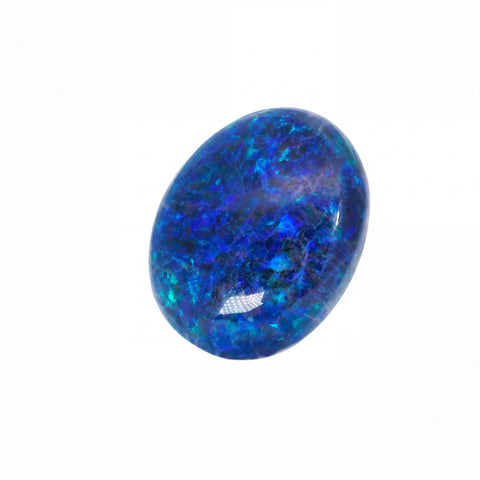A polished oval cabochon gemstone with vibrant blue and teal opal-like play-of-colour, shown on a plain white background.
