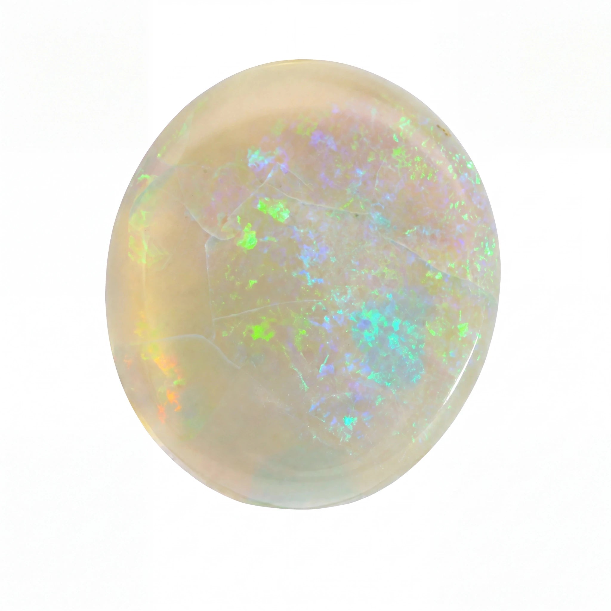A polished oval cabochon opal gemstone displaying a milky white base with vibrant, shifting flashes of green, blue, and orange iridescence, set against a plain white background.