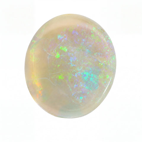 A polished oval cabochon opal gemstone displaying a milky white base with vibrant, shifting flashes of green, blue, and orange iridescence, set against a plain white background.