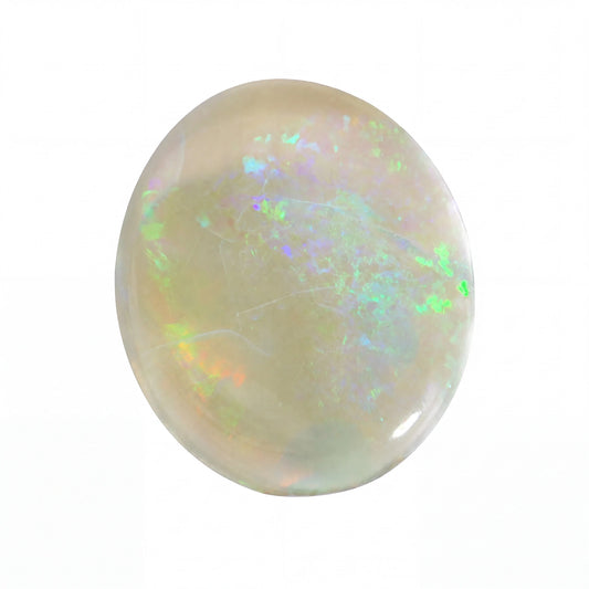 A polished oval cabochon opal gemstone displaying a play-of-colour with green, blue, and orange flashes on a white background.