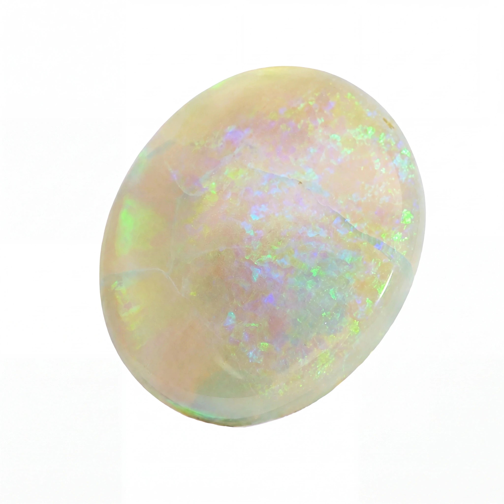 A polished oval cabochon gemstone with a milky white base and vibrant iridescent flashes of green, blue, and pink, set against a plain white background.