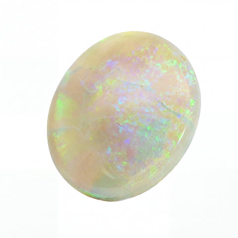 A polished oval cabochon gemstone with a milky white base and vibrant iridescent flashes of green, blue, and pink, set against a plain white background.