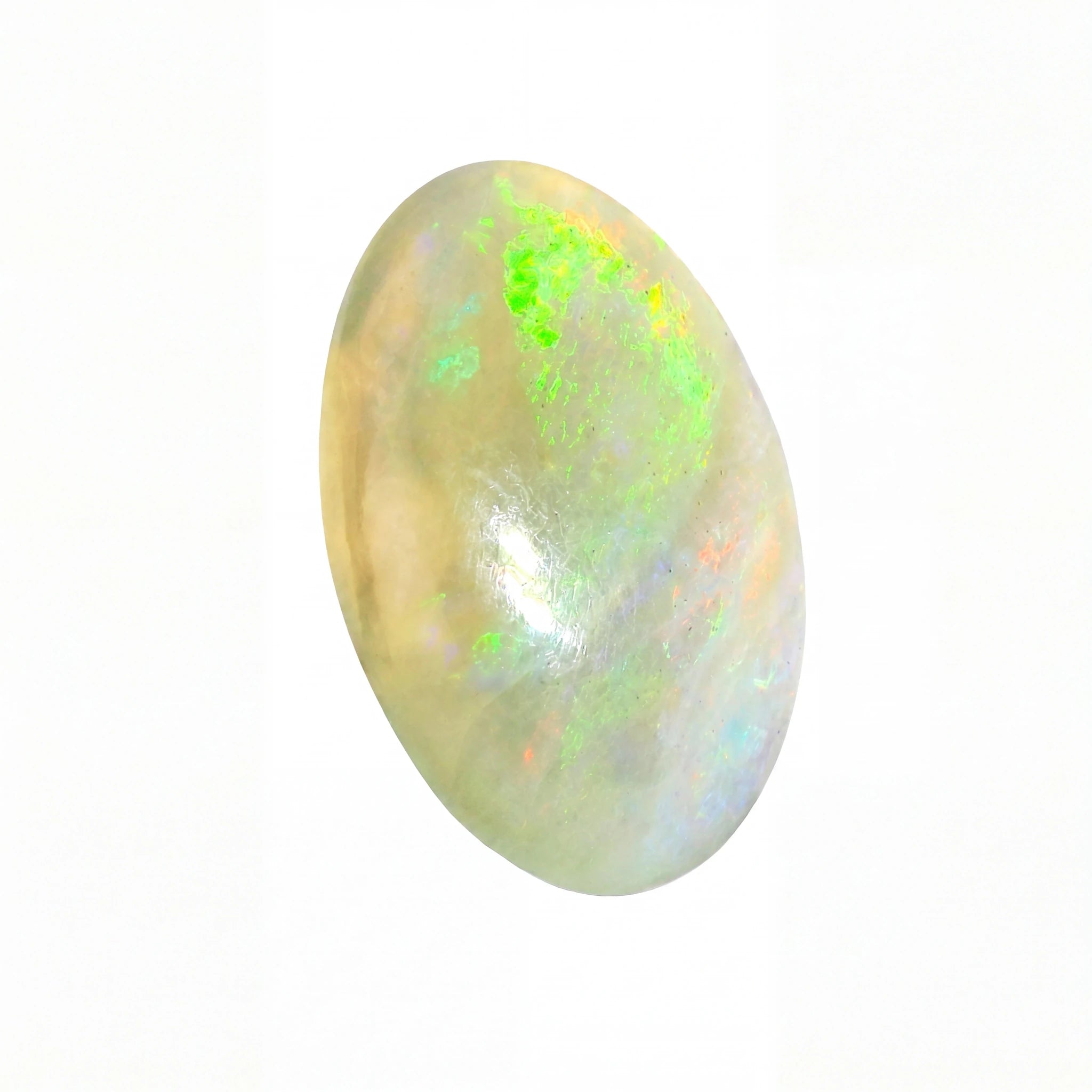 A polished oval cabochon opal gemstone displaying a pearlescent off-white base with vibrant flashes of neon green, blue, and subtle orange iridescence, isolated on a white background.