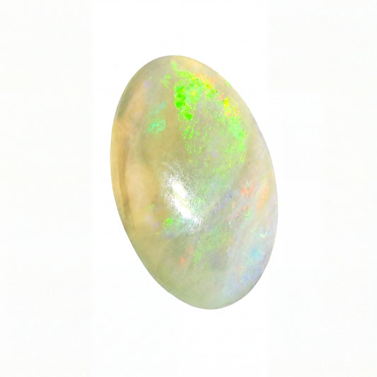 A polished oval cabochon opal gemstone displaying a pearlescent off-white base with vibrant flashes of neon green, blue, and subtle orange iridescence, isolated on a white background.