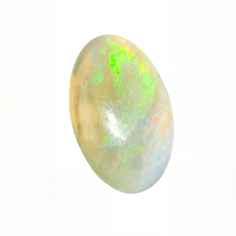 A polished oval cabochon opal gemstone displaying a pearlescent off-white base with vibrant flashes of neon green, blue, and subtle orange iridescence, isolated on a white background.