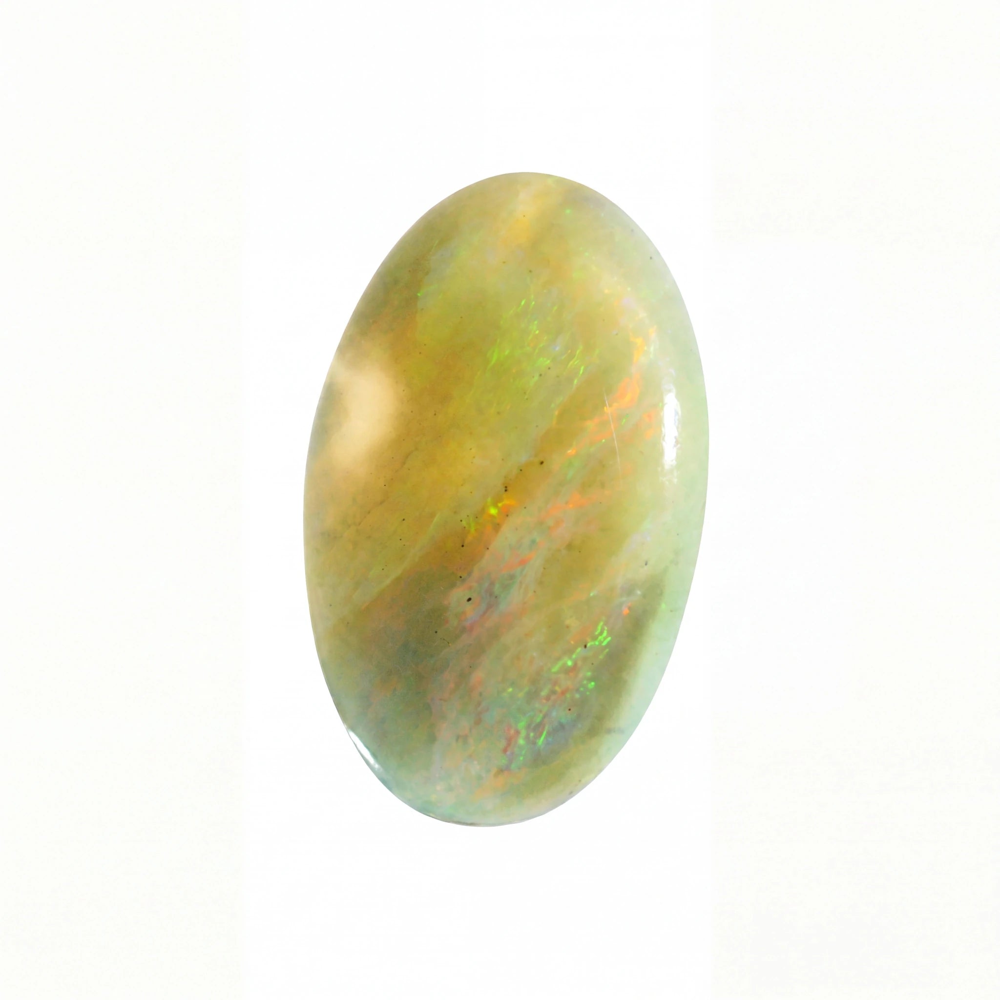 A polished oval cabochon gemstone with a soft iridescent finish, displaying a blend of pale green, gold, and hints of orange and blue, set against a plain white background.