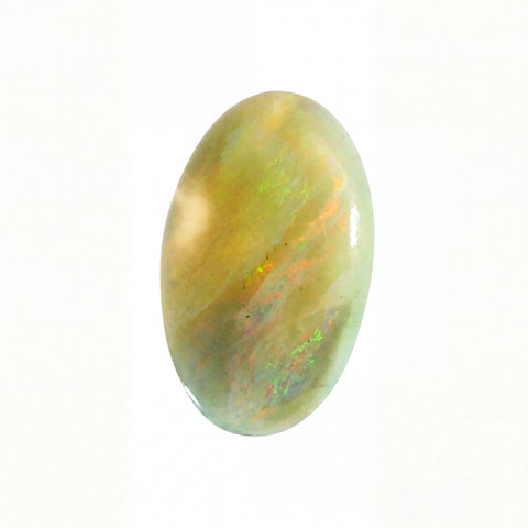 A polished oval cabochon gemstone with a soft iridescent finish, displaying a blend of pale green, gold, and hints of orange and blue, set against a plain white background.
