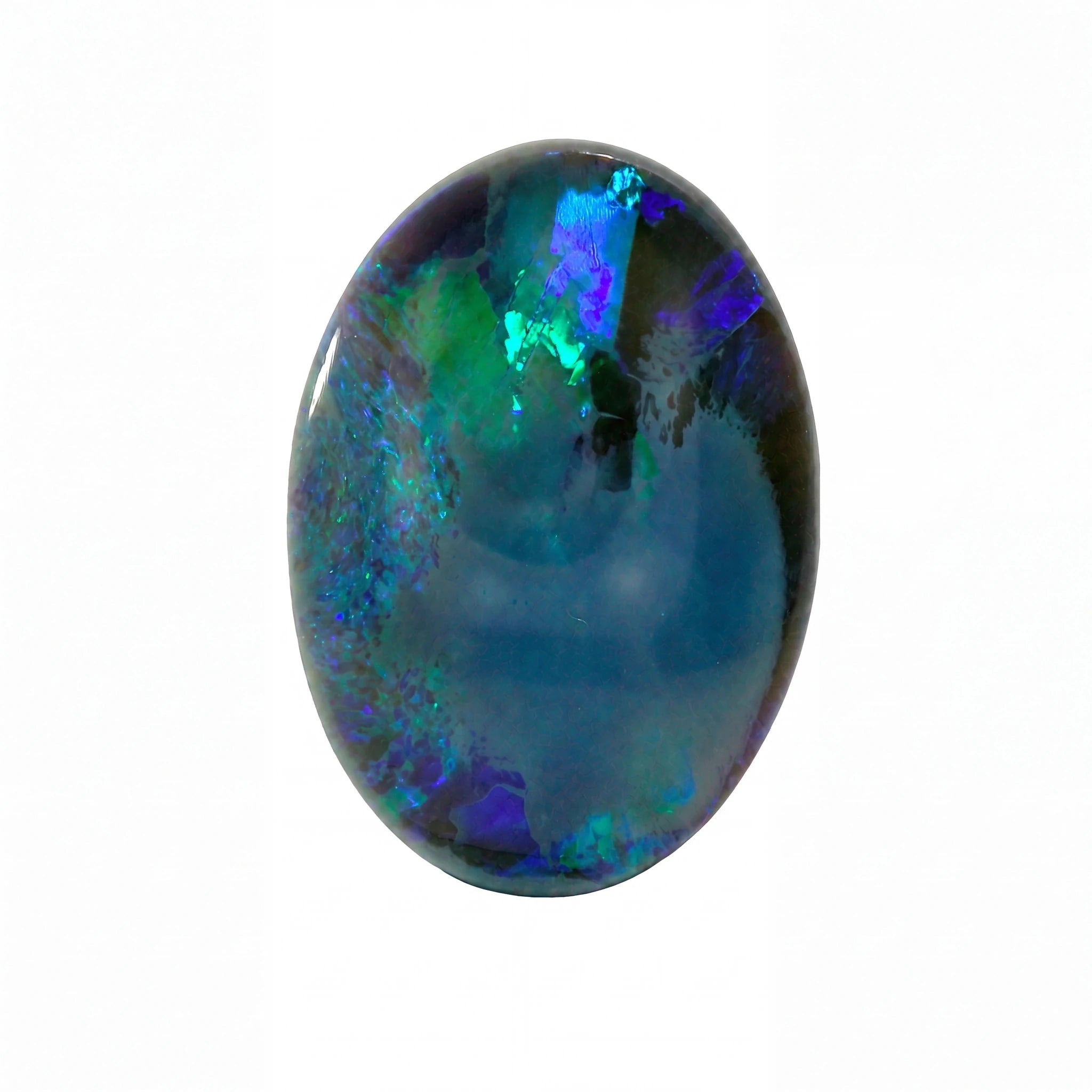A polished oval cabochon gemstone featuring a vibrant play-of-colour with blue, green, purple, and black tones, set against a plain white background.