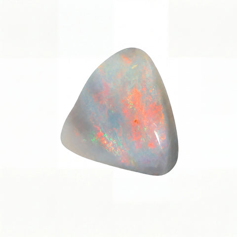 A polished triangular opal gemstone with a smooth, glossy finish, displaying a mix of grey, blue, and vibrant orange iridescent play-of-colour against a plain white background.