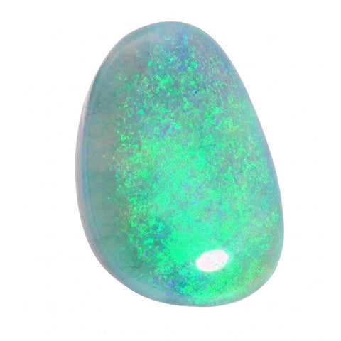 A polished teardrop-shaped opal gemstone displaying vibrant green and blue flashes on a white background.