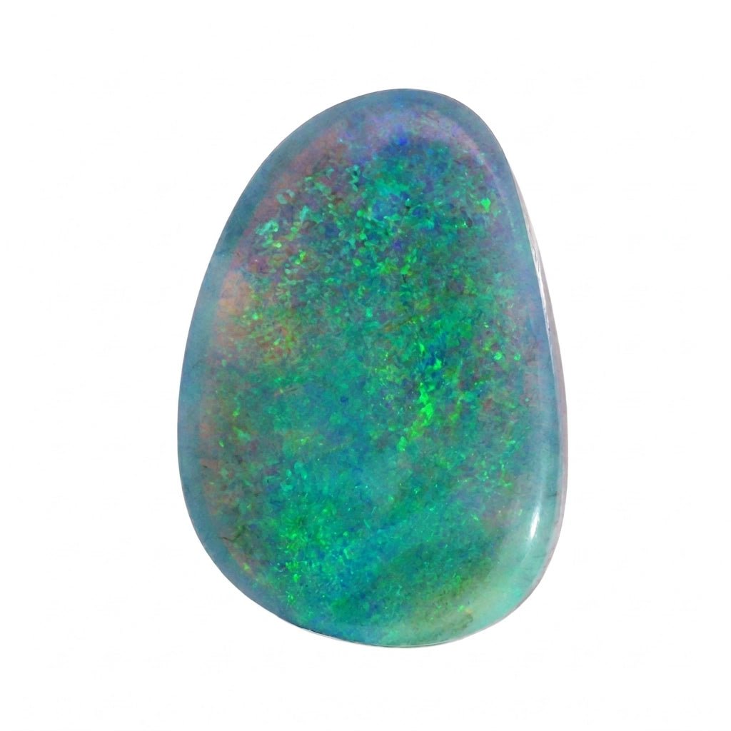 A polished teardrop-shaped cabochon opal gemstone displaying vibrant green, blue, and purple flashes on a clean white background.