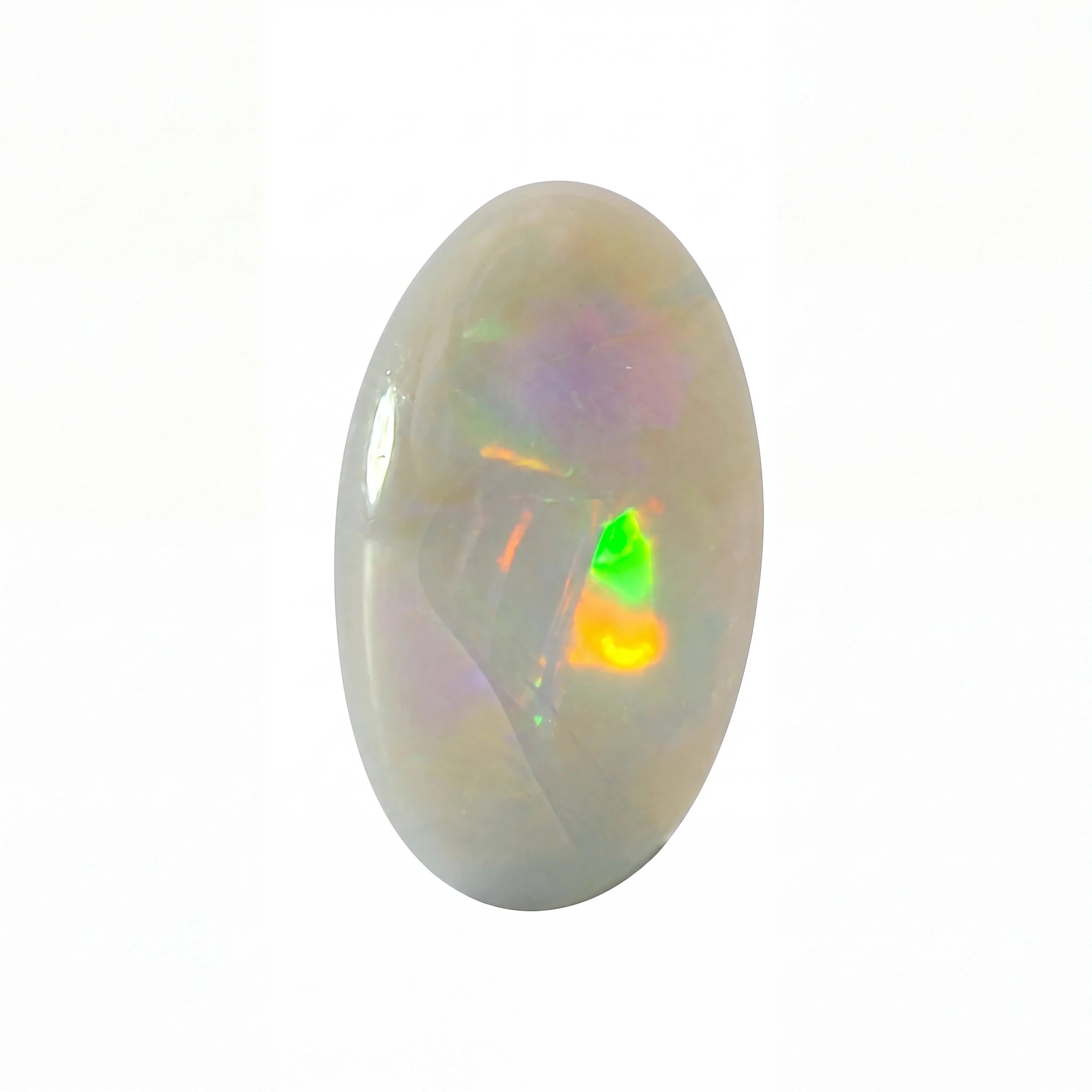 A polished oval cabochon gemstone with a milky white base and vibrant iridescent flashes of green, orange, and purple, isolated on a white background.