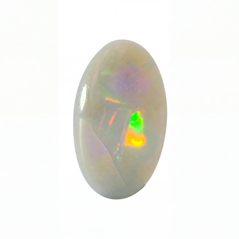 A polished oval cabochon gemstone with a milky white base and vibrant iridescent flashes of green, orange, and purple, isolated on a white background.