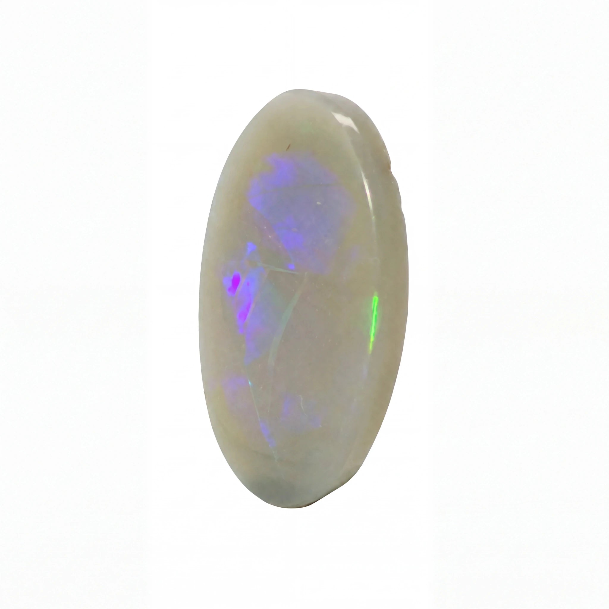 A polished oval cabochon opal gemstone showing a milky white base with vibrant iridescent flashes of purple, blue, and green, set against a plain white background.