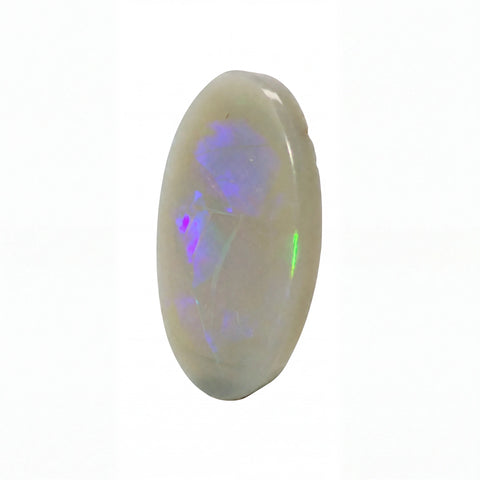 A polished oval cabochon opal gemstone showing a milky white base with vibrant iridescent flashes of purple, blue, and green, set against a plain white background.
