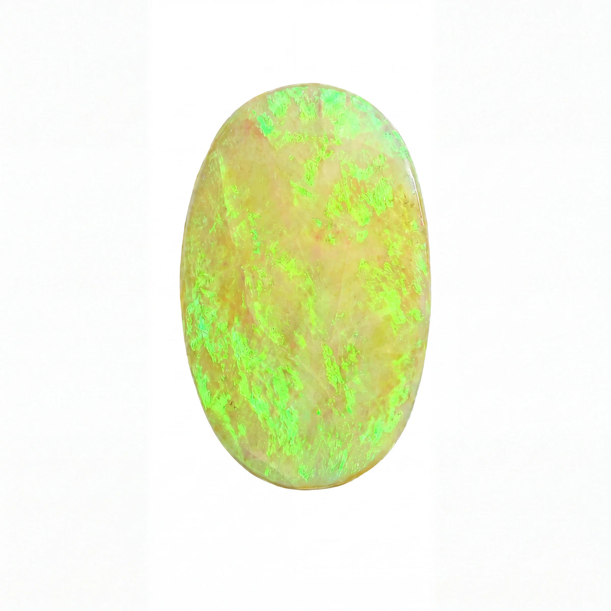 A polished oval cabochon gemstone with a creamy yellow base and vibrant neon green flashes, set against a plain white background.