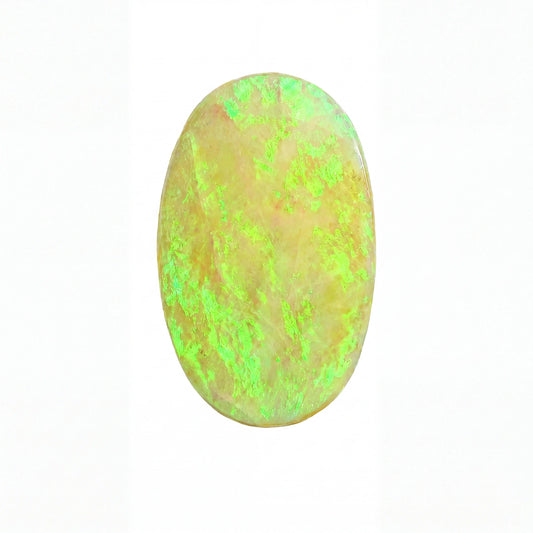 A polished oval cabochon gemstone with a creamy yellow base and vibrant neon green flashes, set against a plain white background.