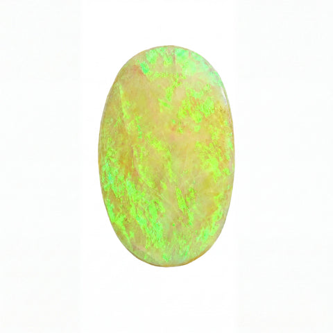 A polished oval cabochon gemstone with a creamy yellow base and vibrant neon green flashes, set against a plain white background.