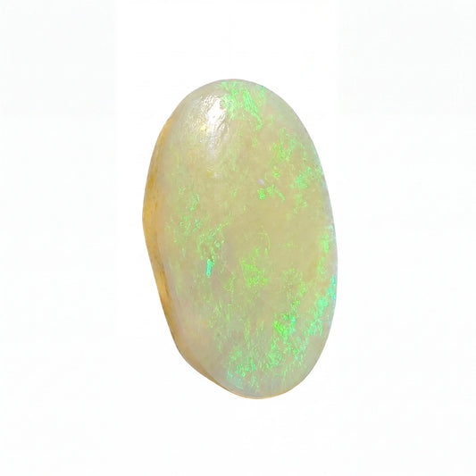 A polished oval cabochon gemstone with a creamy off-white base and vibrant green iridescent flashes, set against a plain white background.