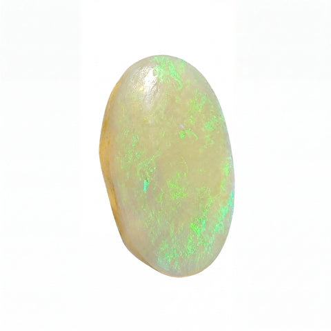 A polished oval cabochon gemstone with a creamy off-white base and vibrant green iridescent flashes, set against a plain white background.