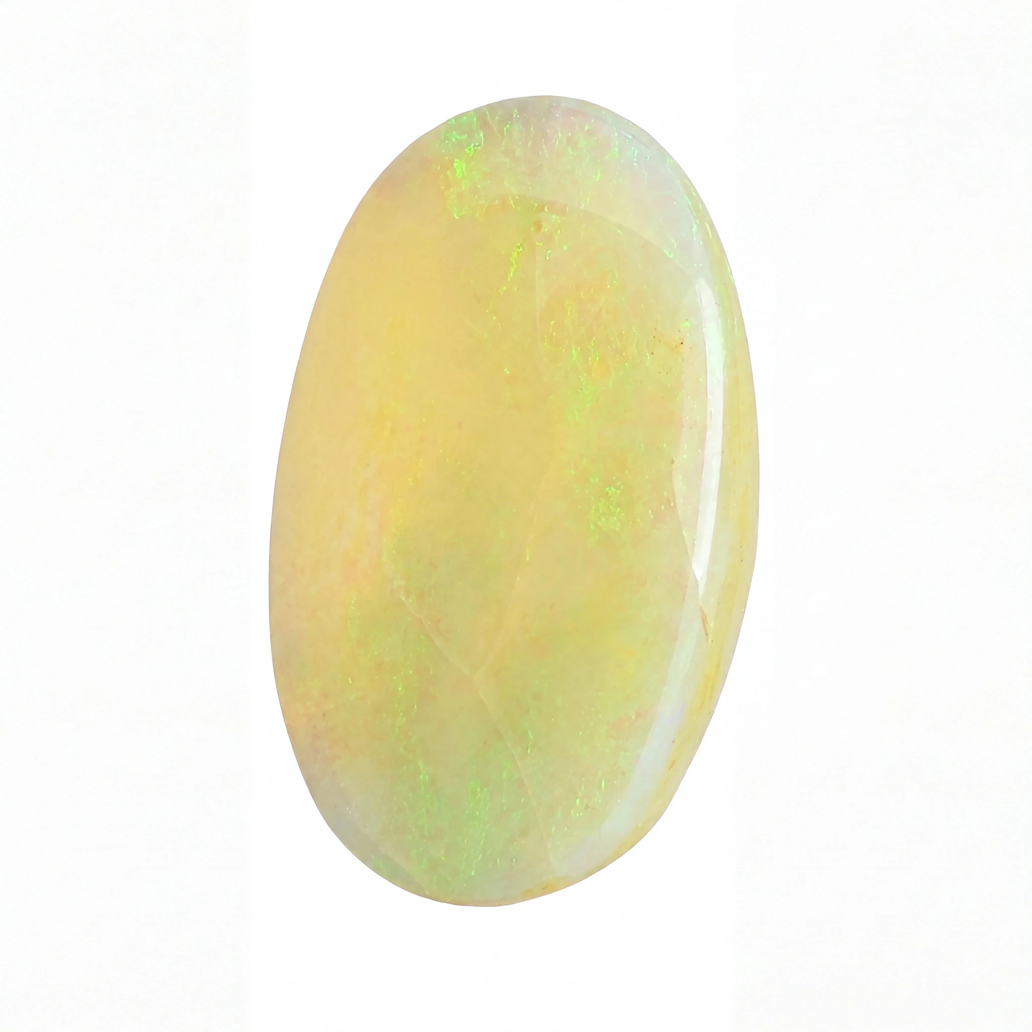 A polished oval cabochon gemstone with a creamy yellow body and iridescent green flashes, shown on a plain white background.