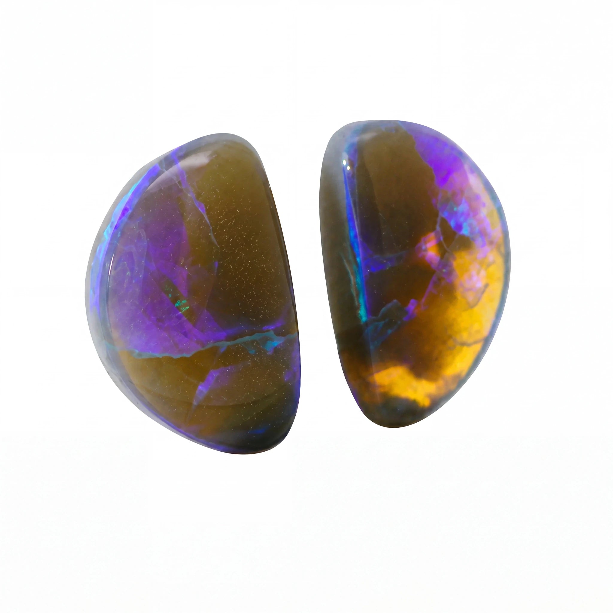 Two polished oval opal gemstones with iridescent purple, blue, green, and orange play-of-colour, displayed side by side on a plain white background.