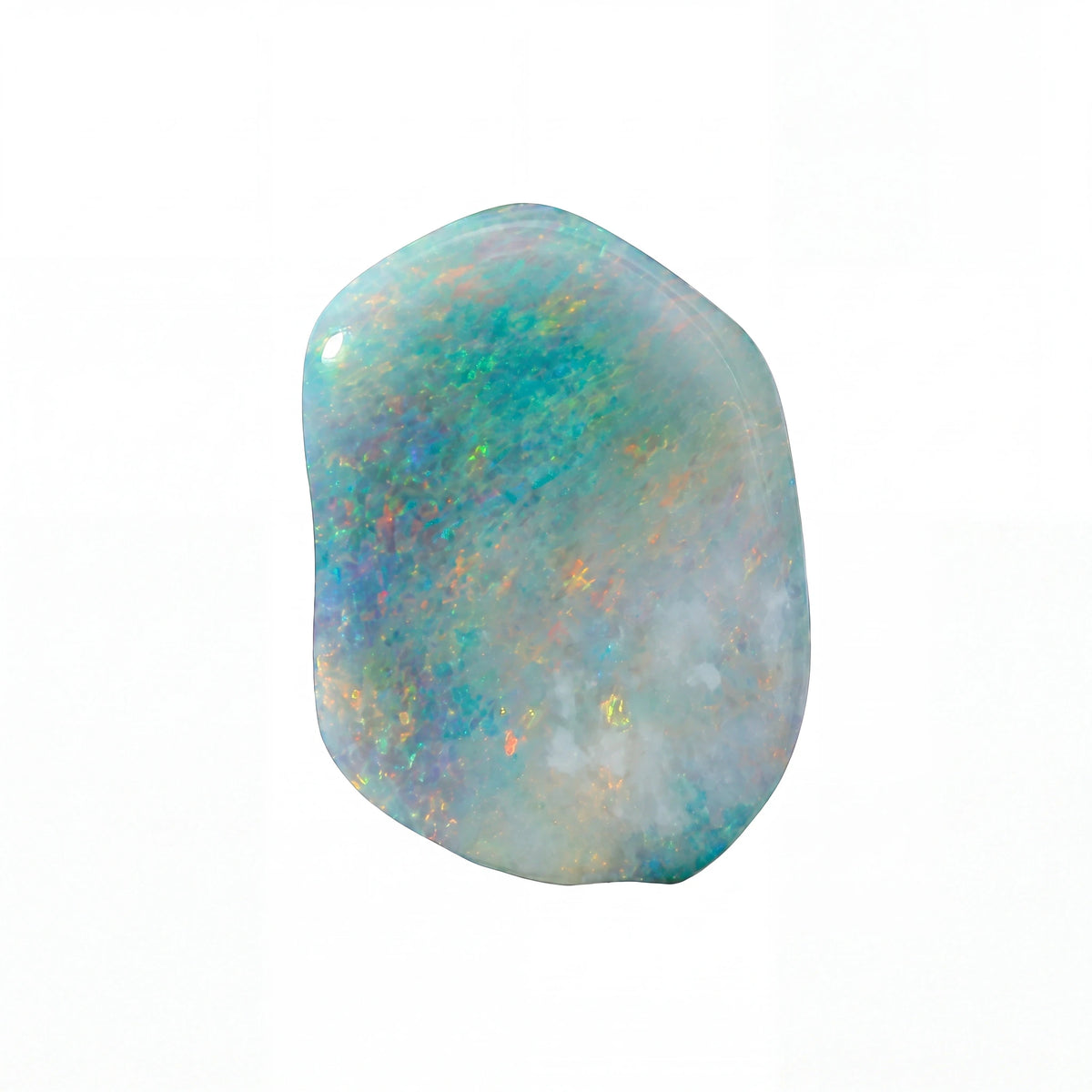 A polished, irregular-shaped opal gemstone displaying a play-of-colour with blue, green, orange, and white hues, isolated on a solid white background.