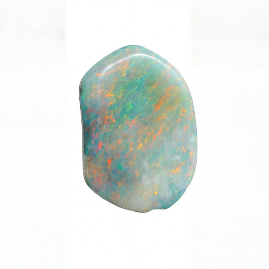 A polished irregular-shaped opal gemstone displaying a play-of-colour with light blue, green, orange, and white iridescent hues on a plain white background.
