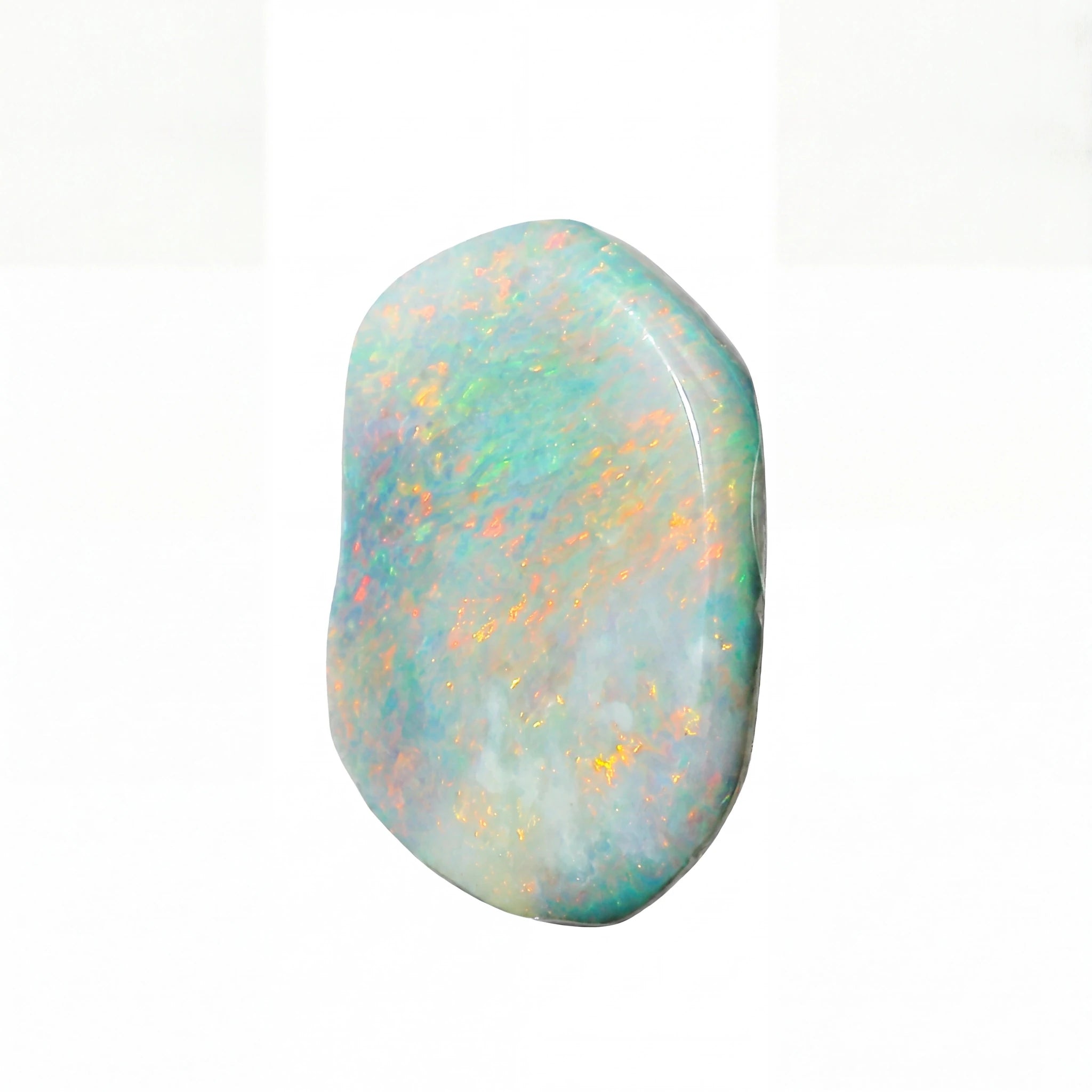 A polished, irregularly shaped opal gemstone displaying a play-of-colour with iridescent flashes of orange, yellow, green, and blue on a white background.