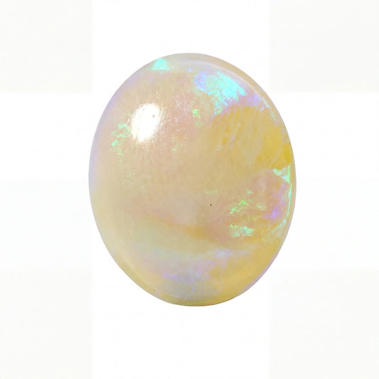 A polished oval cabochon gemstone with a milky white base and iridescent flashes of pastel blue, green, and yellow, shown on a plain white background.