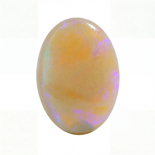 A polished oval cabochon gemstone with a creamy peach-orange body and iridescent flashes of purple, blue, and green, set against a plain white background.