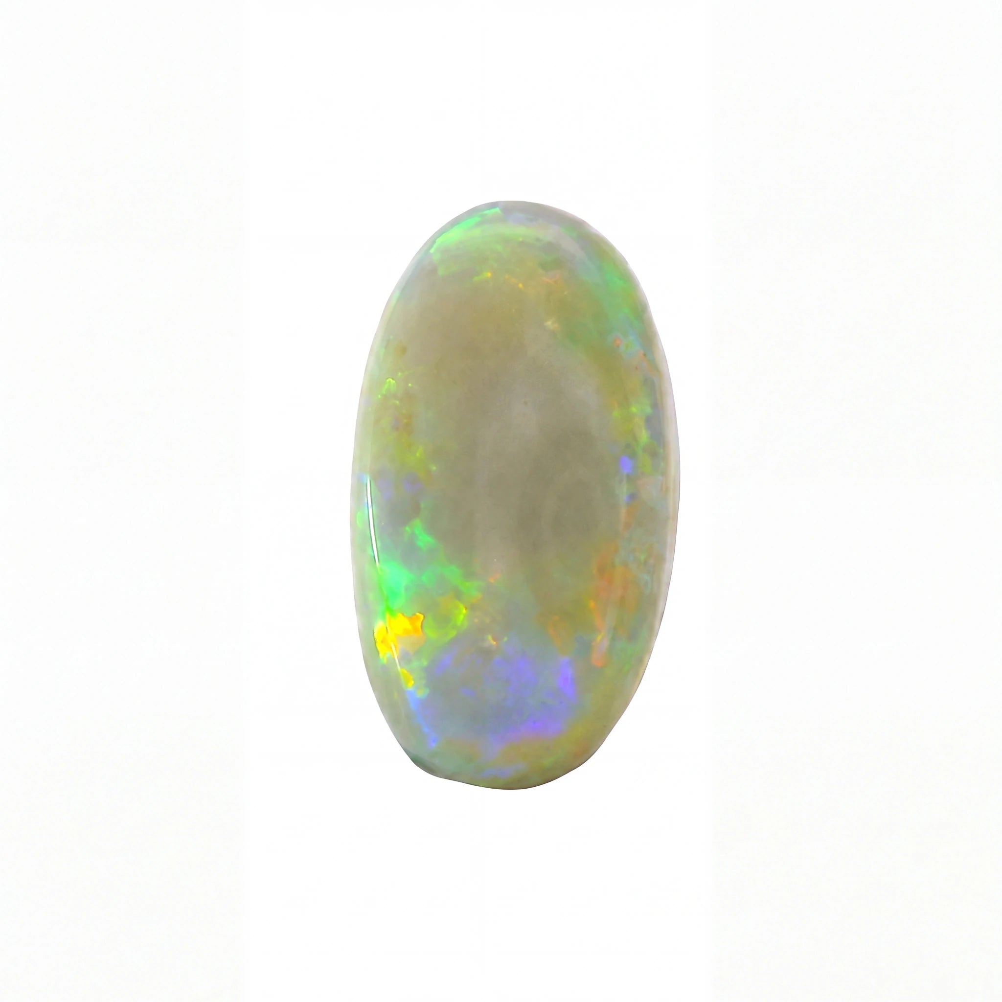 A polished oval cabochon opal gemstone displaying a play-of-colour with green, blue, yellow, and purple flashes against a white background.
