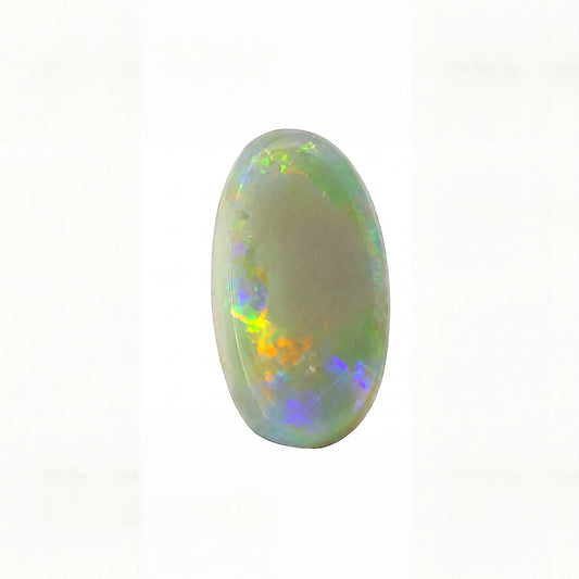 A single oval cabochon opal gemstone with a white base and vibrant iridescent flashes of green, orange, yellow, and blue, centered on a plain white background.