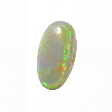 A single oval cabochon opal gemstone with a white base and vibrant iridescent flashes of green, orange, and purple, shown on a plain white background.