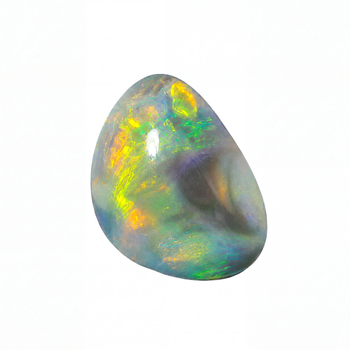 A polished teardrop-shaped opal gemstone displaying vibrant iridescent colours including yellow, green, blue, and purple on a solid white background.