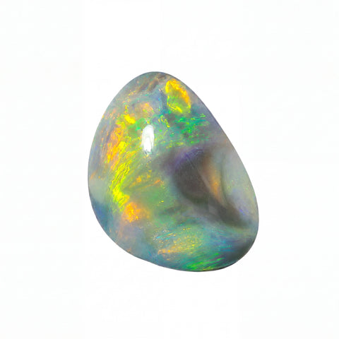 A polished teardrop-shaped opal gemstone displaying vibrant iridescent colours including yellow, green, blue, and purple on a solid white background.