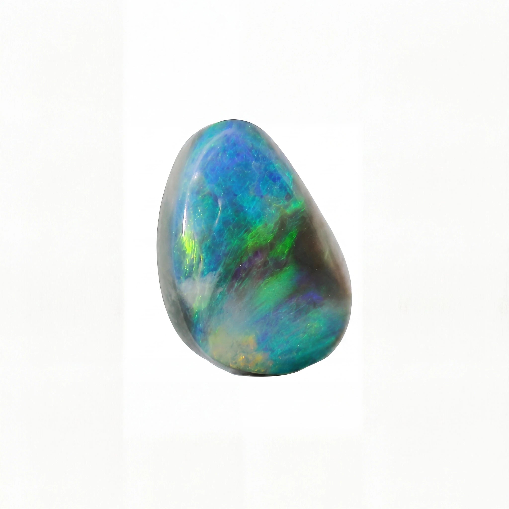 A polished tumbled opal stone with vibrant iridescent colours of blue, green, and purple, set against a plain white background.