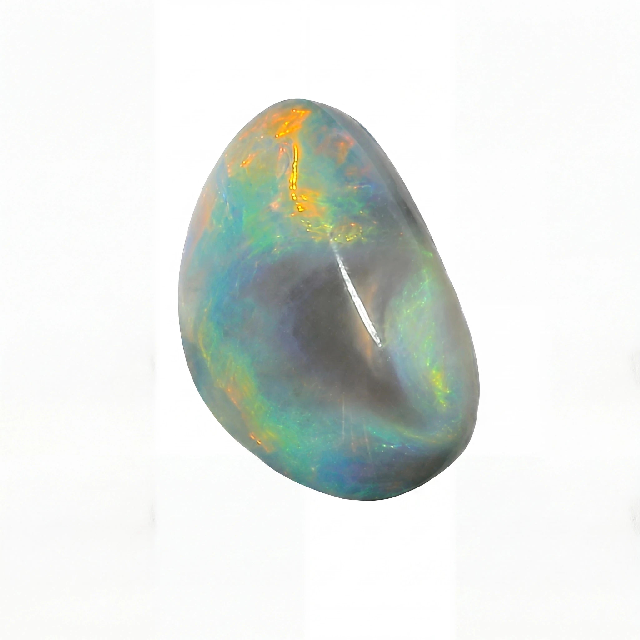 A polished teardrop-shaped opal gemstone displaying a play-of-colour with blue, green, orange, and grey tones, set against a plain white background.