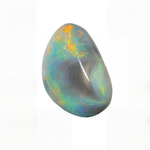 A polished teardrop-shaped opal gemstone displaying a play-of-colour with blue, green, orange, and grey tones, set against a plain white background.