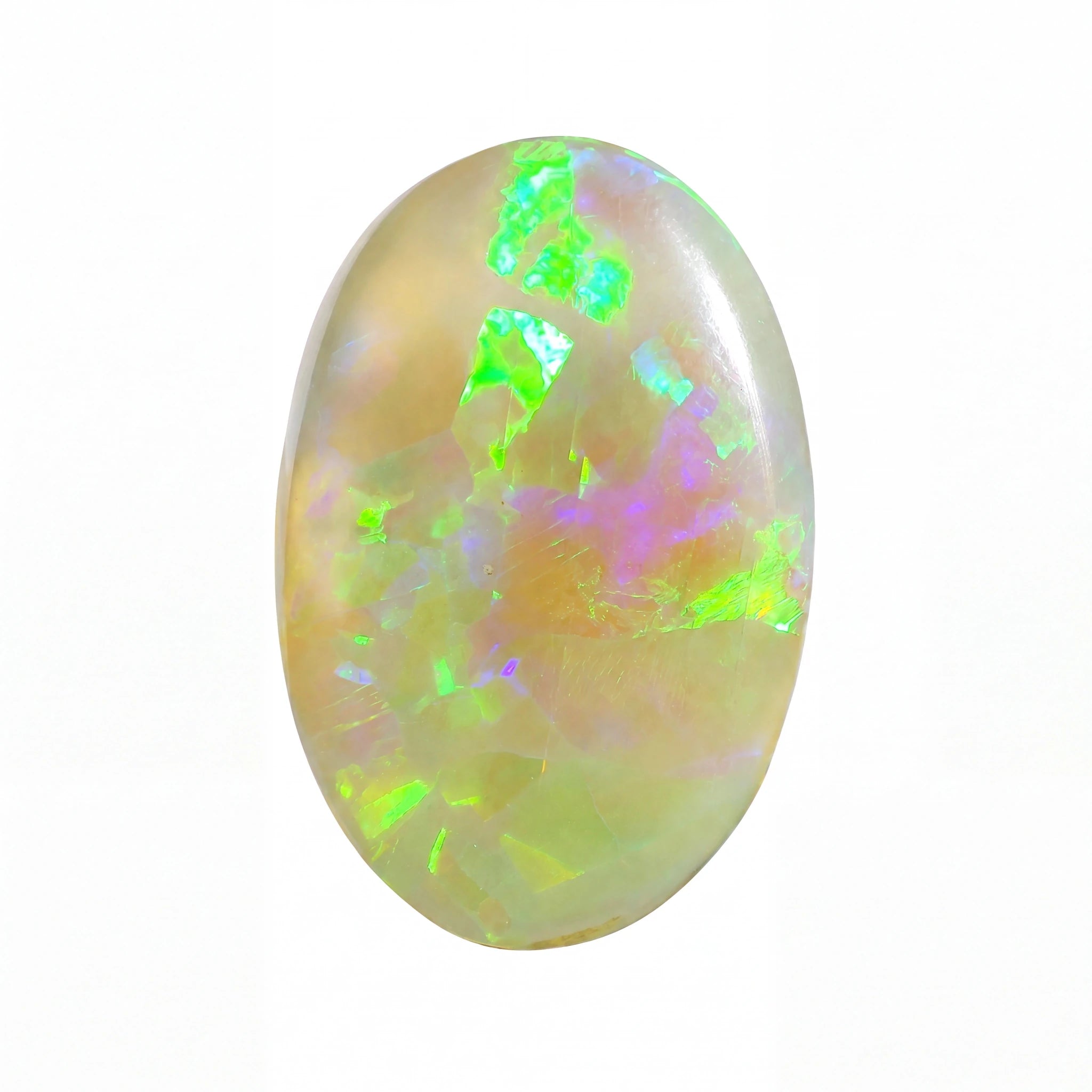 A polished oval cabochon opal gemstone displaying a play-of-colour with vibrant green, blue, pink, and yellow flashes on a warm cream base, set against a plain white background.