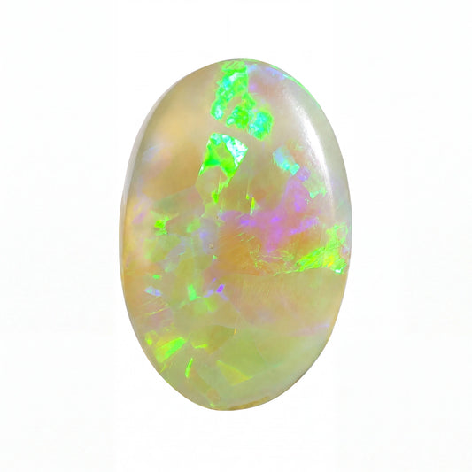 A polished oval cabochon opal gemstone displaying a play-of-colour with vibrant green, blue, pink, and yellow flashes on a warm cream base, set against a plain white background.