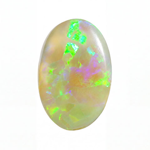 A polished oval cabochon opal gemstone displaying a play-of-colour with vibrant green, blue, pink, and yellow flashes on a warm cream base, set against a plain white background.