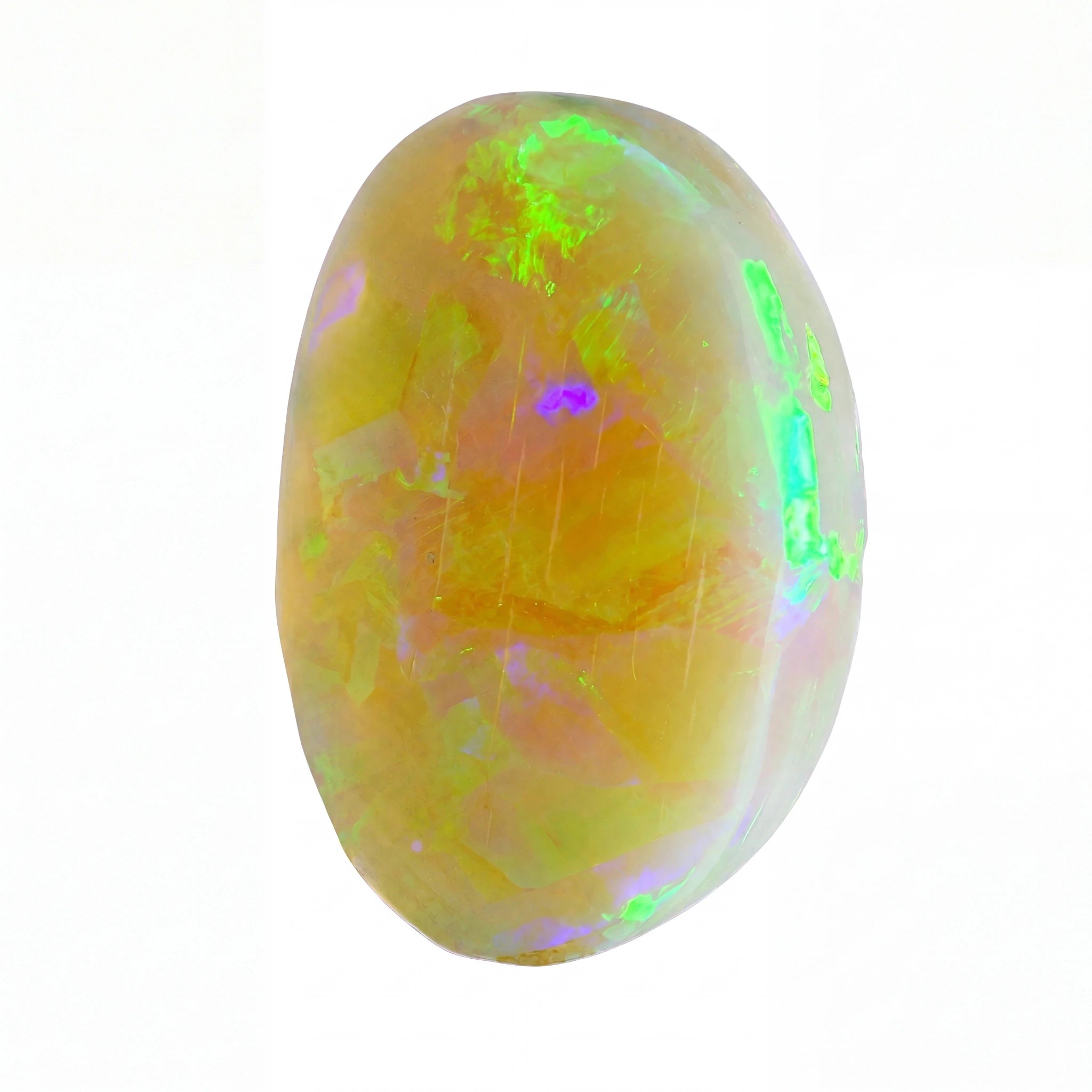 A polished oval cabochon opal gemstone displaying a mix of yellow, orange, and vibrant iridescent flashes of green, blue, and purple on a solid white background.