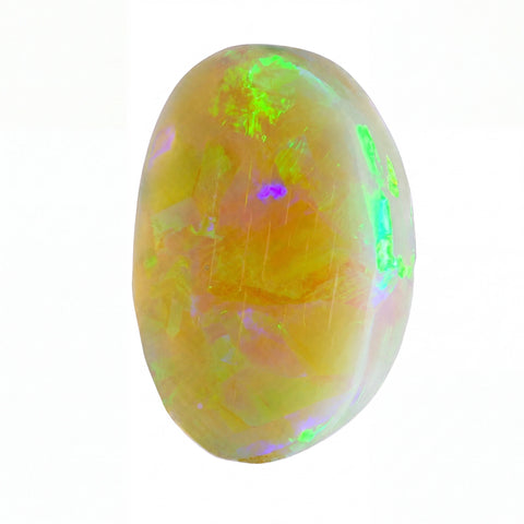 A polished oval cabochon opal gemstone displaying a mix of yellow, orange, and vibrant iridescent flashes of green, blue, and purple on a solid white background.