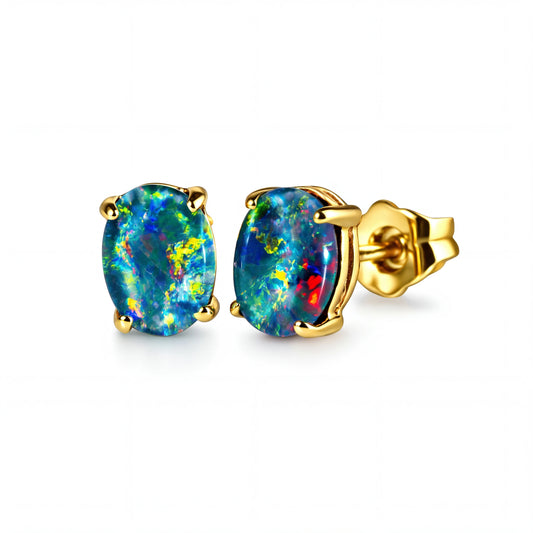 Triplet Opal Earrings in 9K Yellow Gold - Multicolour