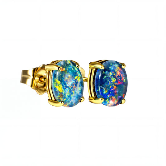 Triplet Opal Earrings in 9K Yellow Gold - Multicolour