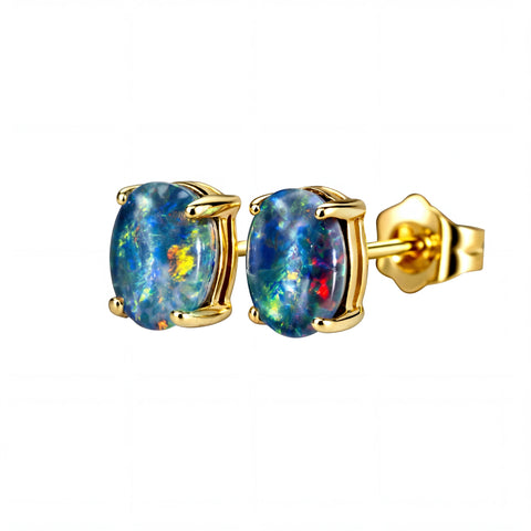 Triplet Opal Earrings in 9K Yellow Gold - Multicolour